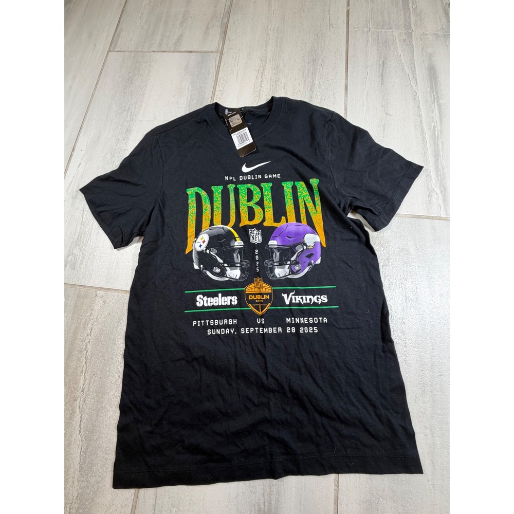 Nike NFL Dublin Game 2025 Steelers vs Vikings Black Graphic T-Shirt Small NWT